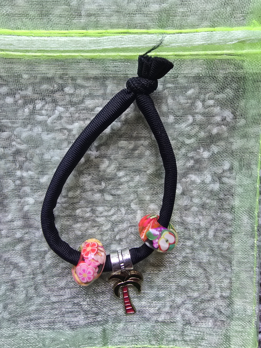 Black Elastic Bracelet with Floral Glass Beads and Palm Tree Charm